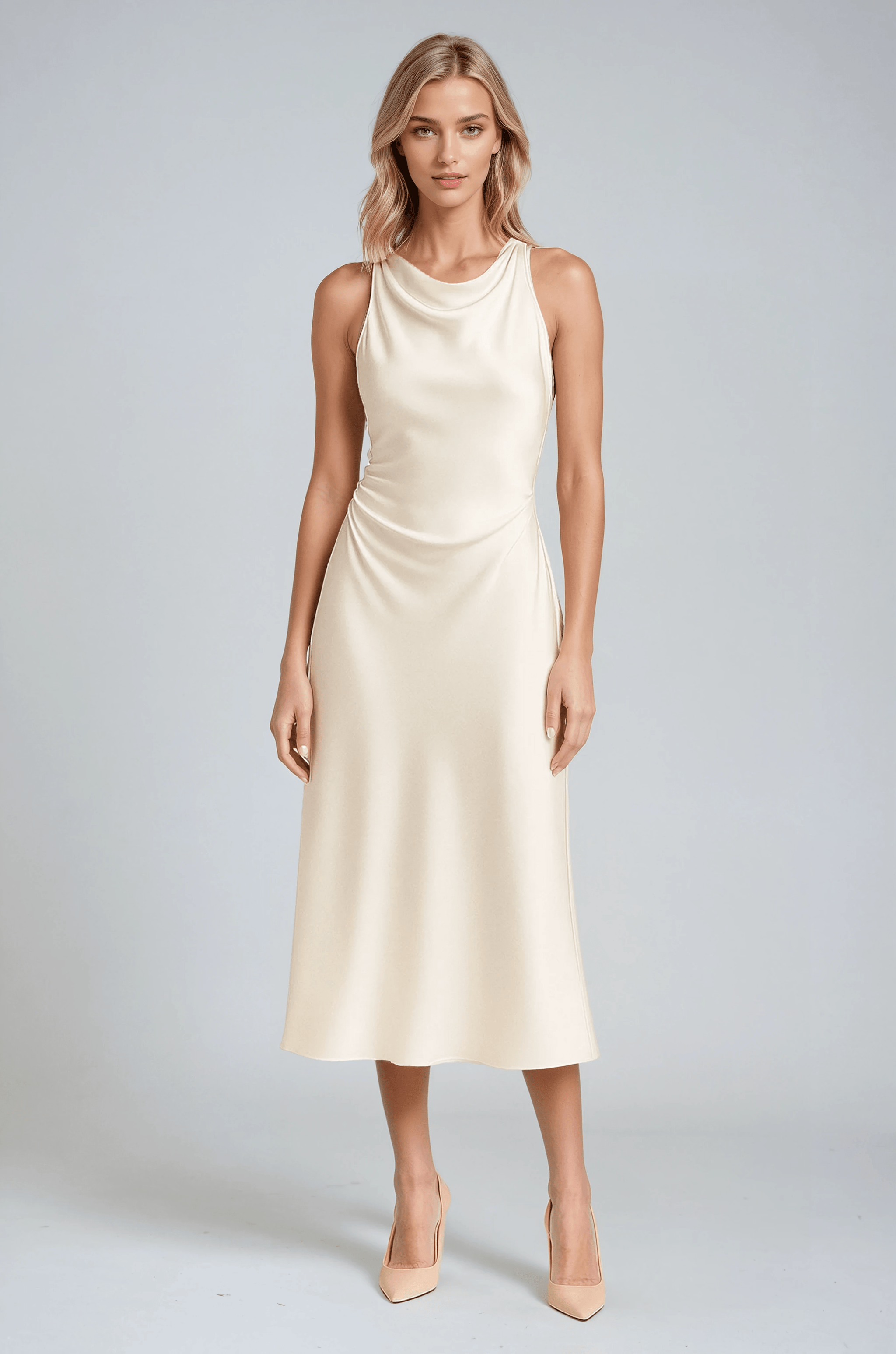 Satin Midi Dress with Draped Neck Satin Midi Dress with Draped Neck