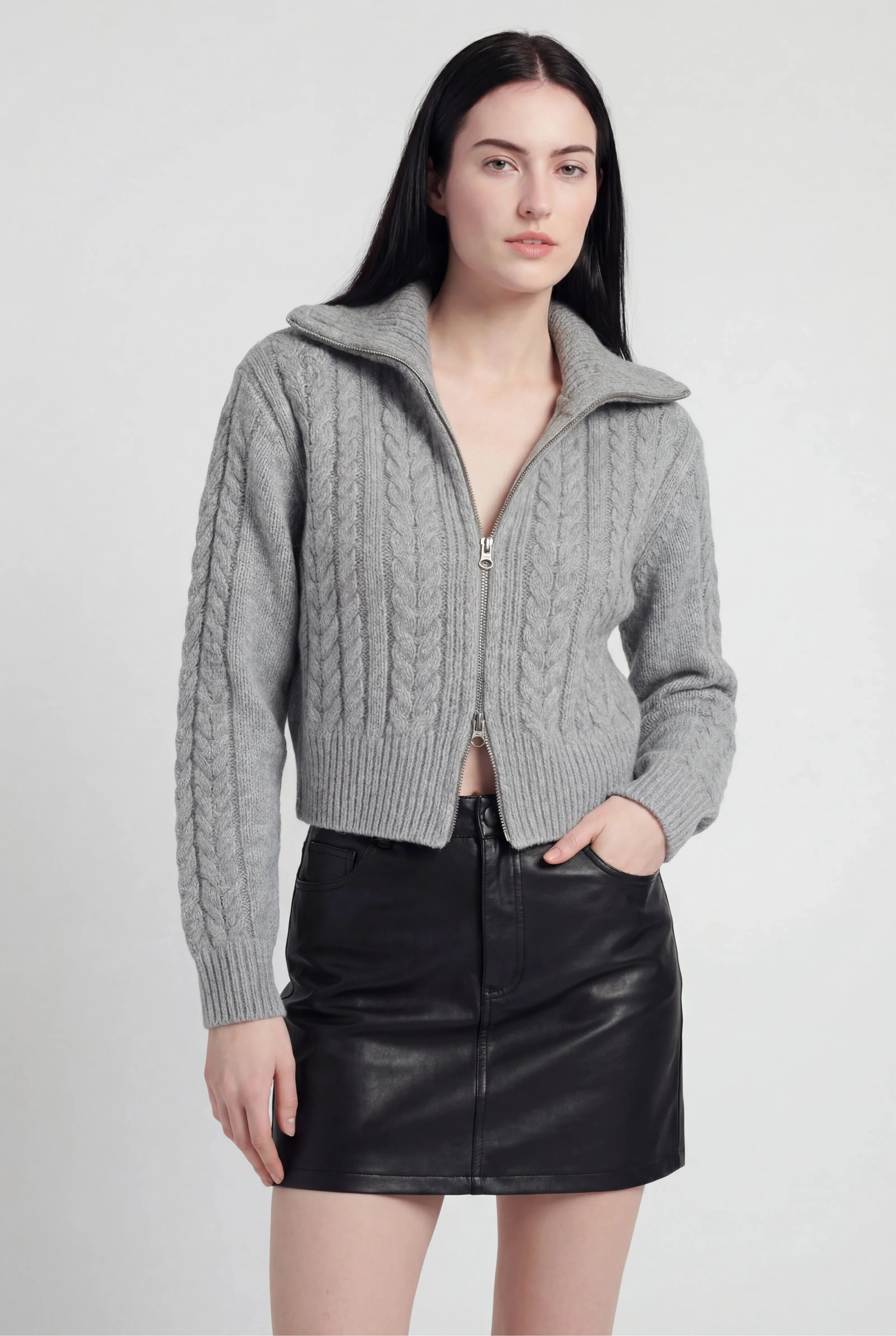 Cable Knit Cardigan, High Collar, Cropped