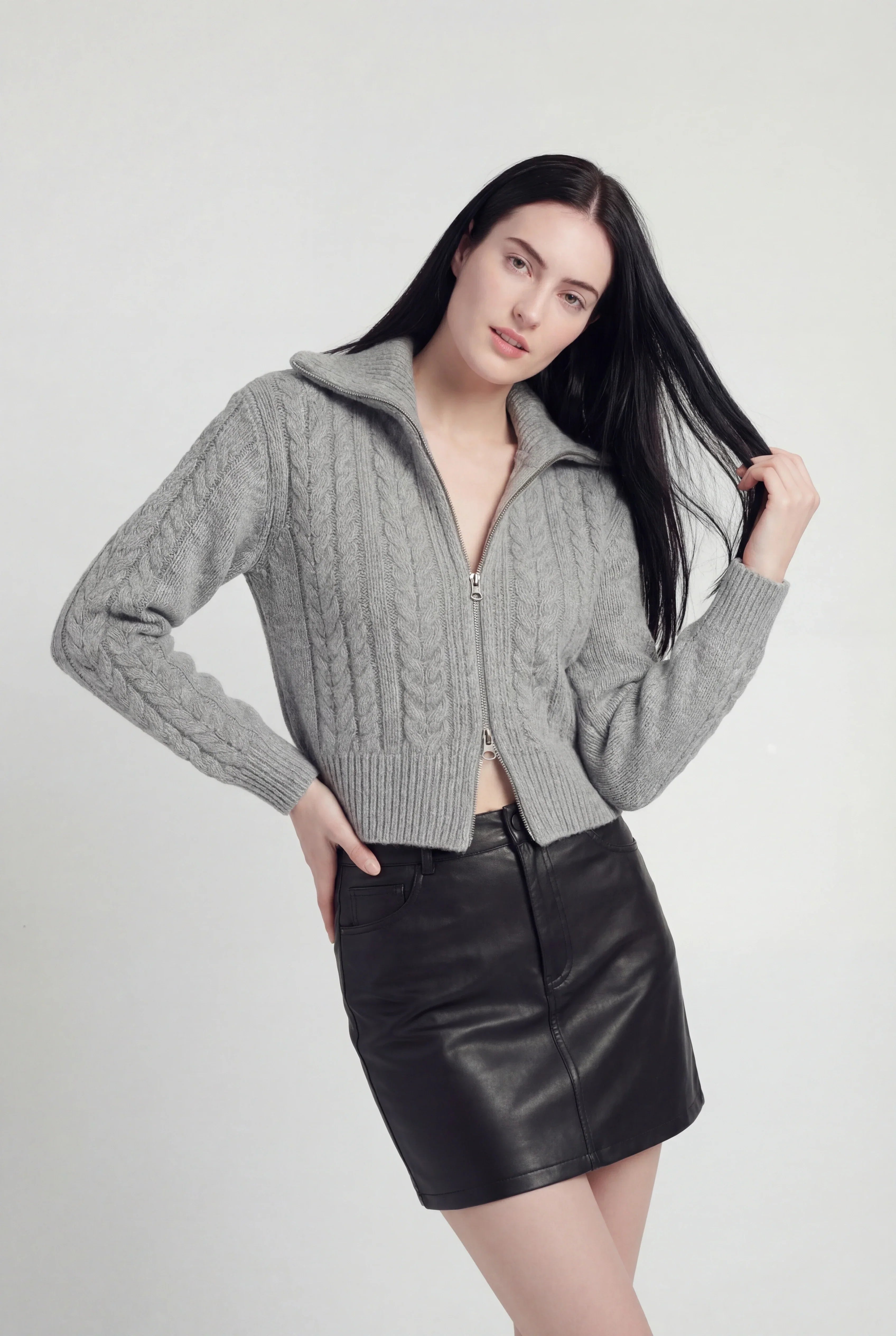 Cable Knit Cardigan, High Collar, Cropped