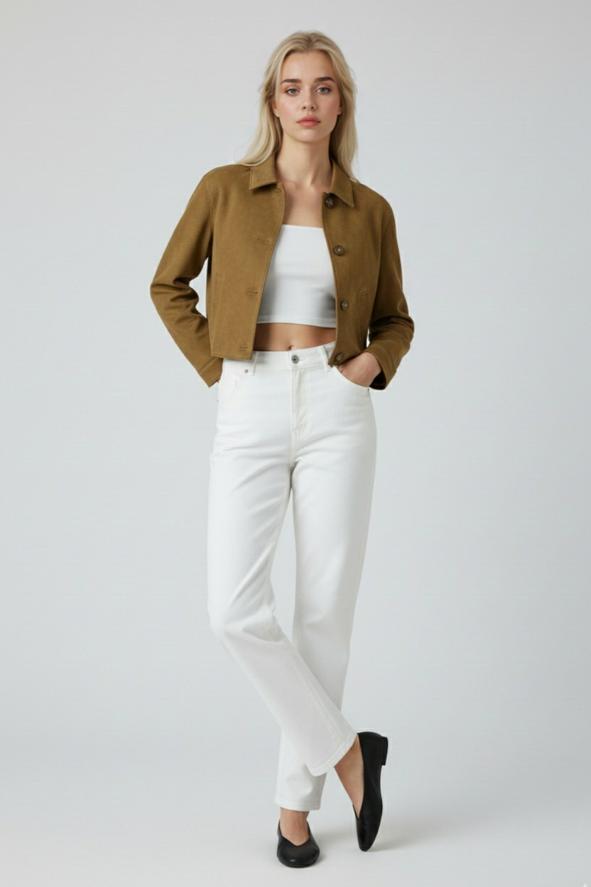 Cropped Jacket, Suede-Effect Finish