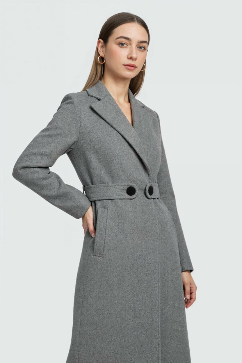 Longline Coat with Waist Tab & Notched Lapel