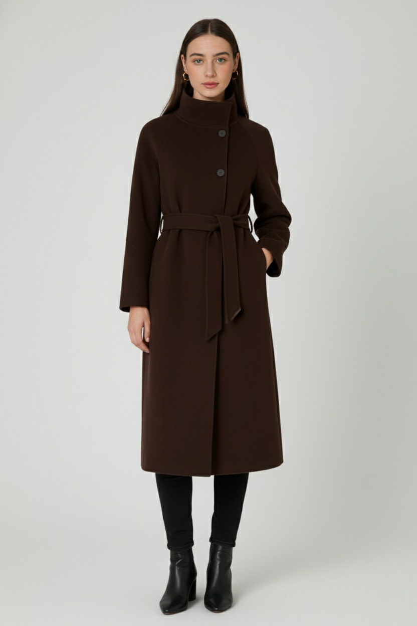Long Coat with Stand Collar & Belt