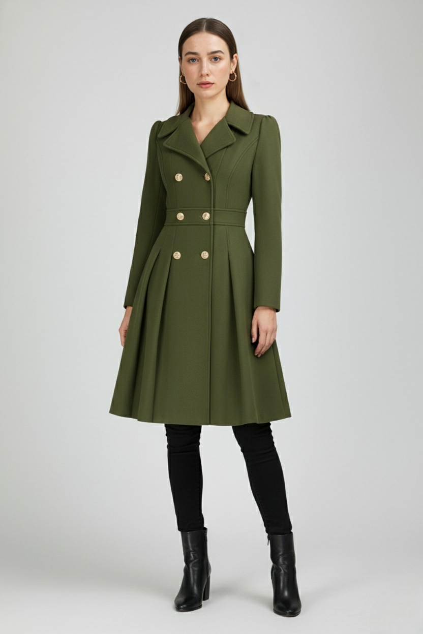 Fit-and-Flare Coat | Belted, Pleated Hem