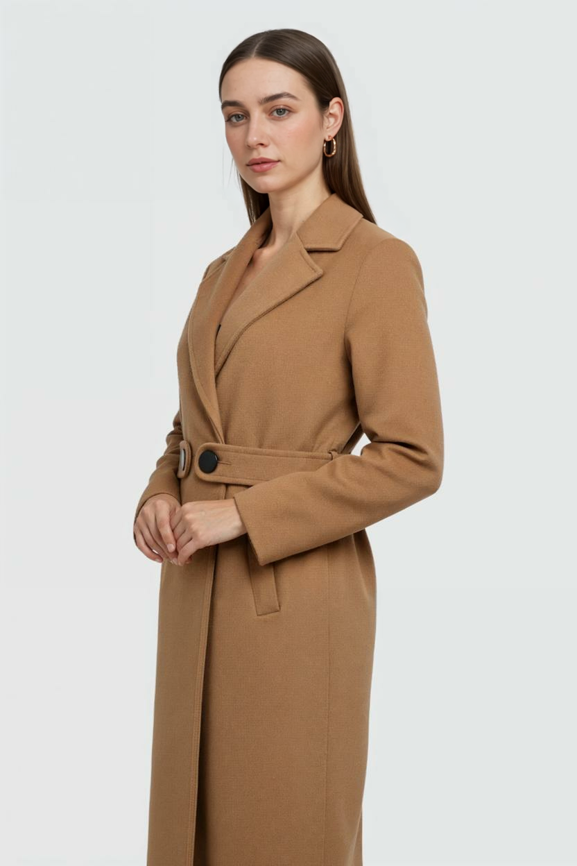 Longline Coat with Waist Tab & Lapel