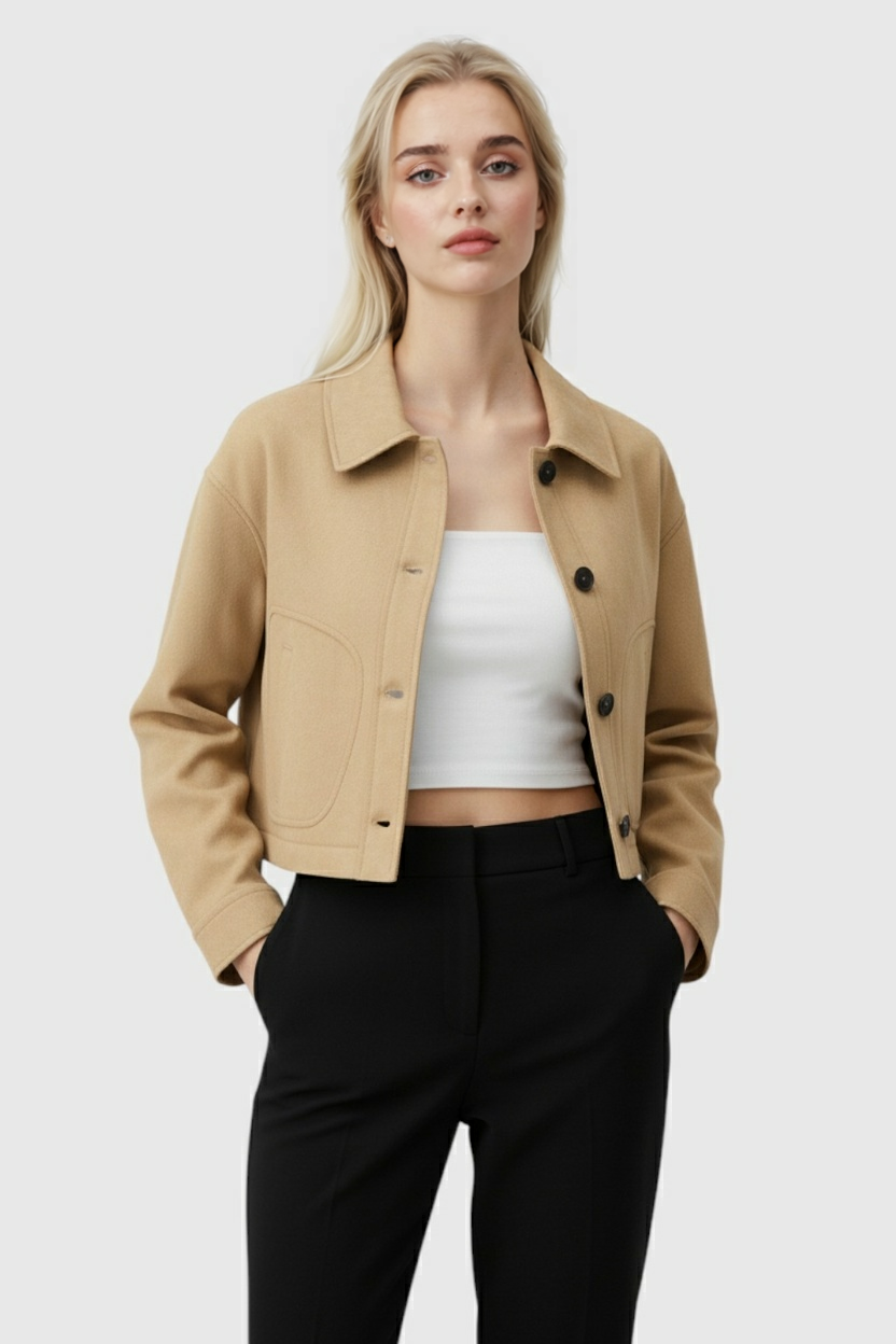 Cropped Jacket, Suede-Effect, Button Front