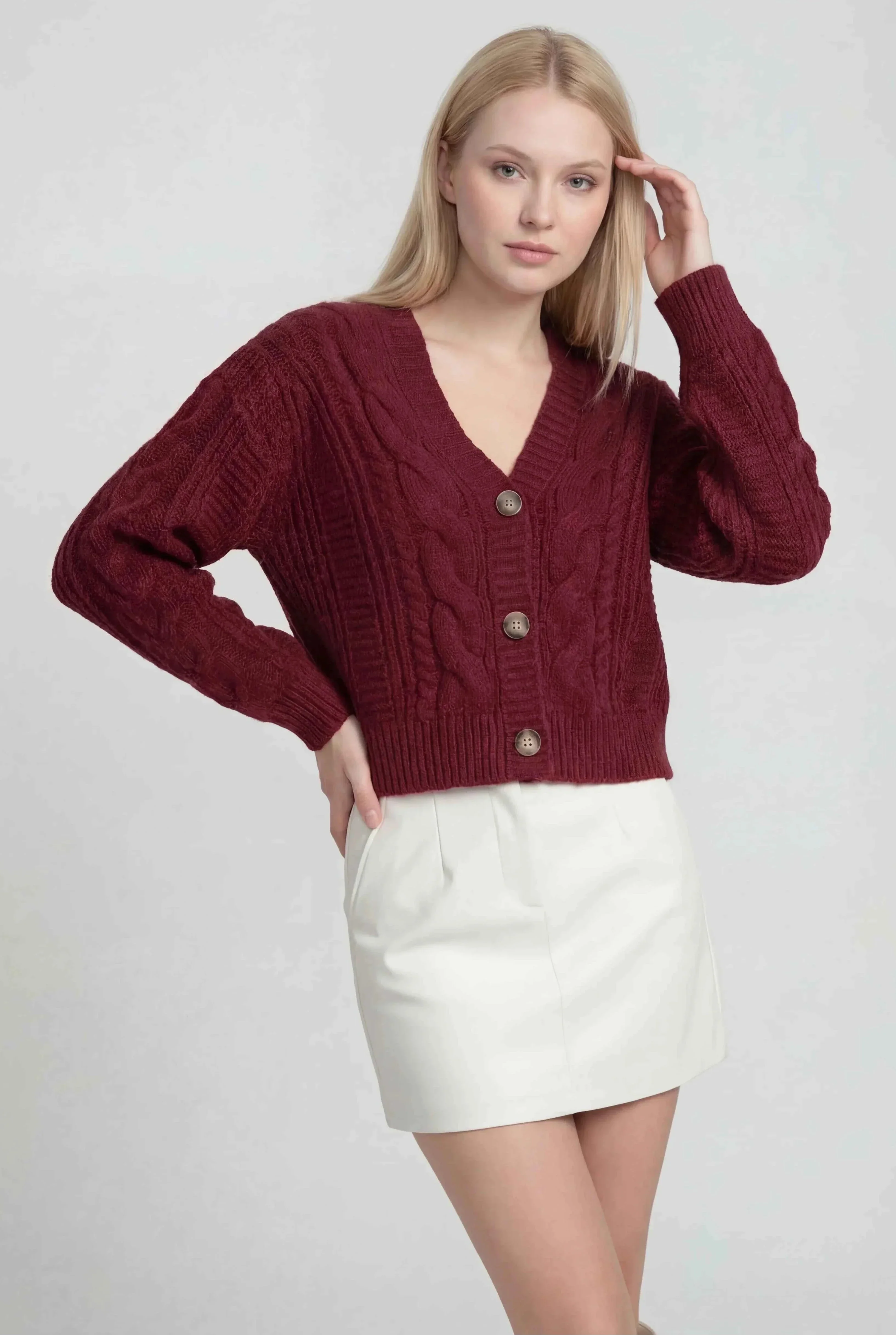 Cardigan with Cable Knit & V-Neck