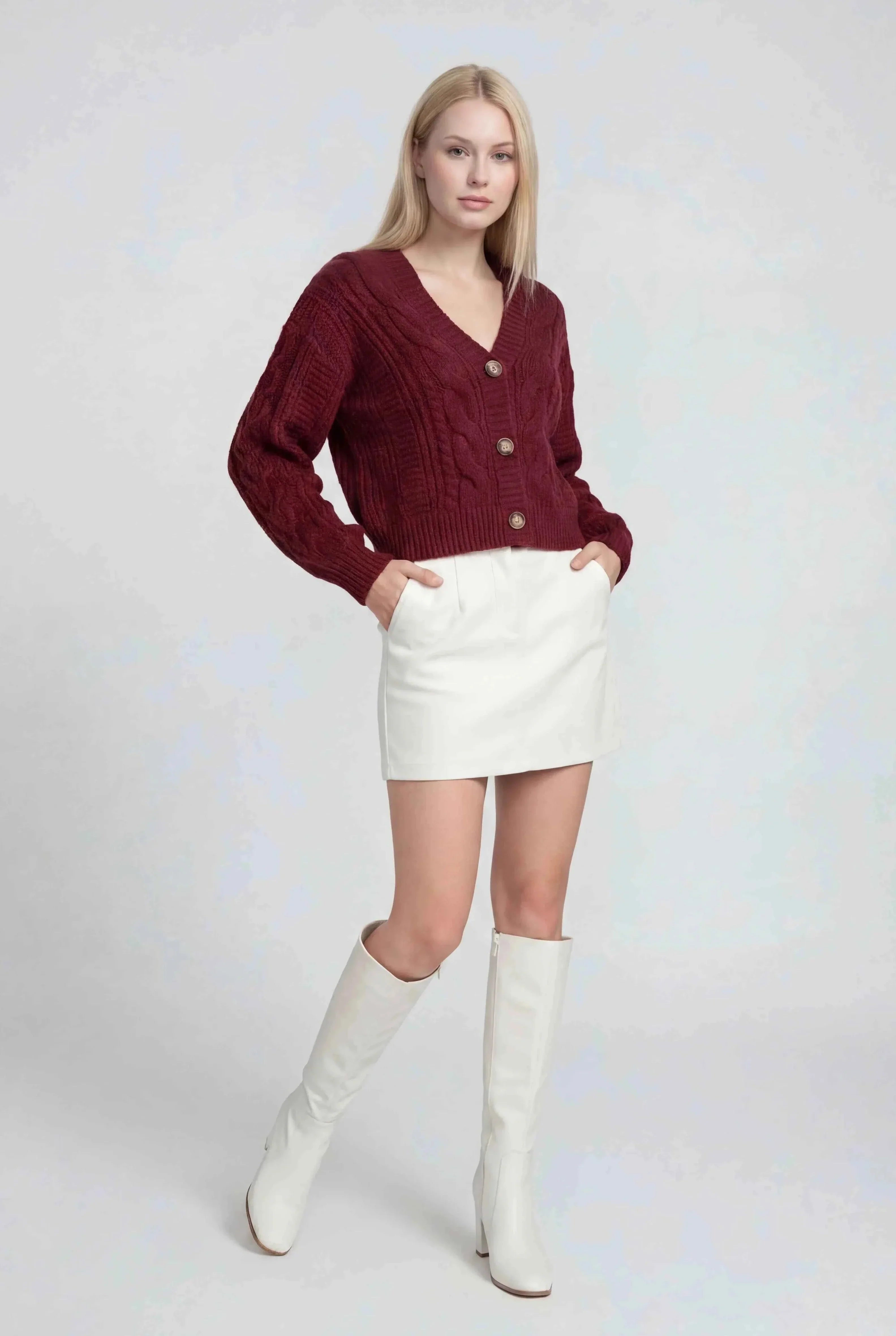 Cardigan with Cable Knit & V-Neck