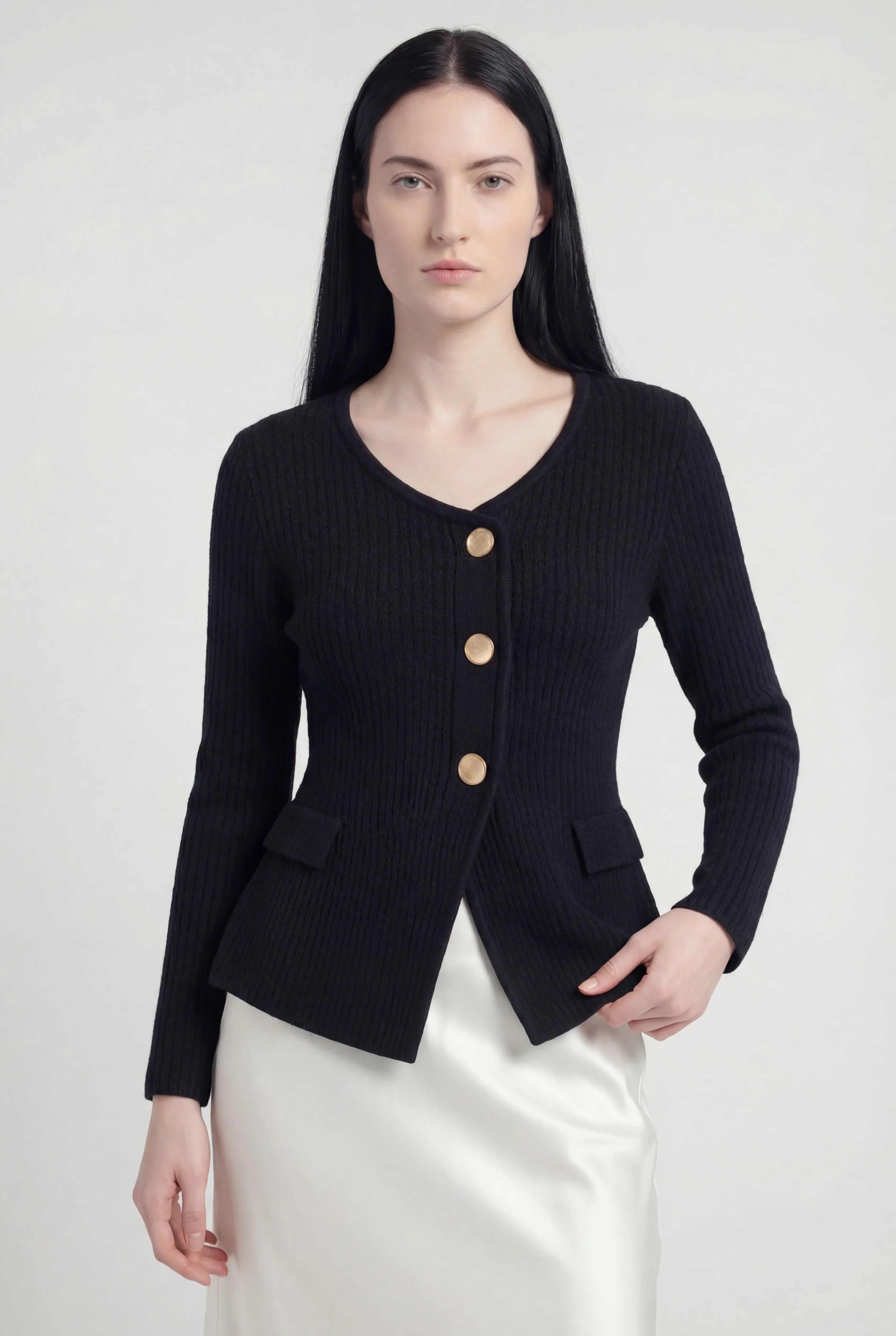 Rib Knit Cardigan with Peplum Hem