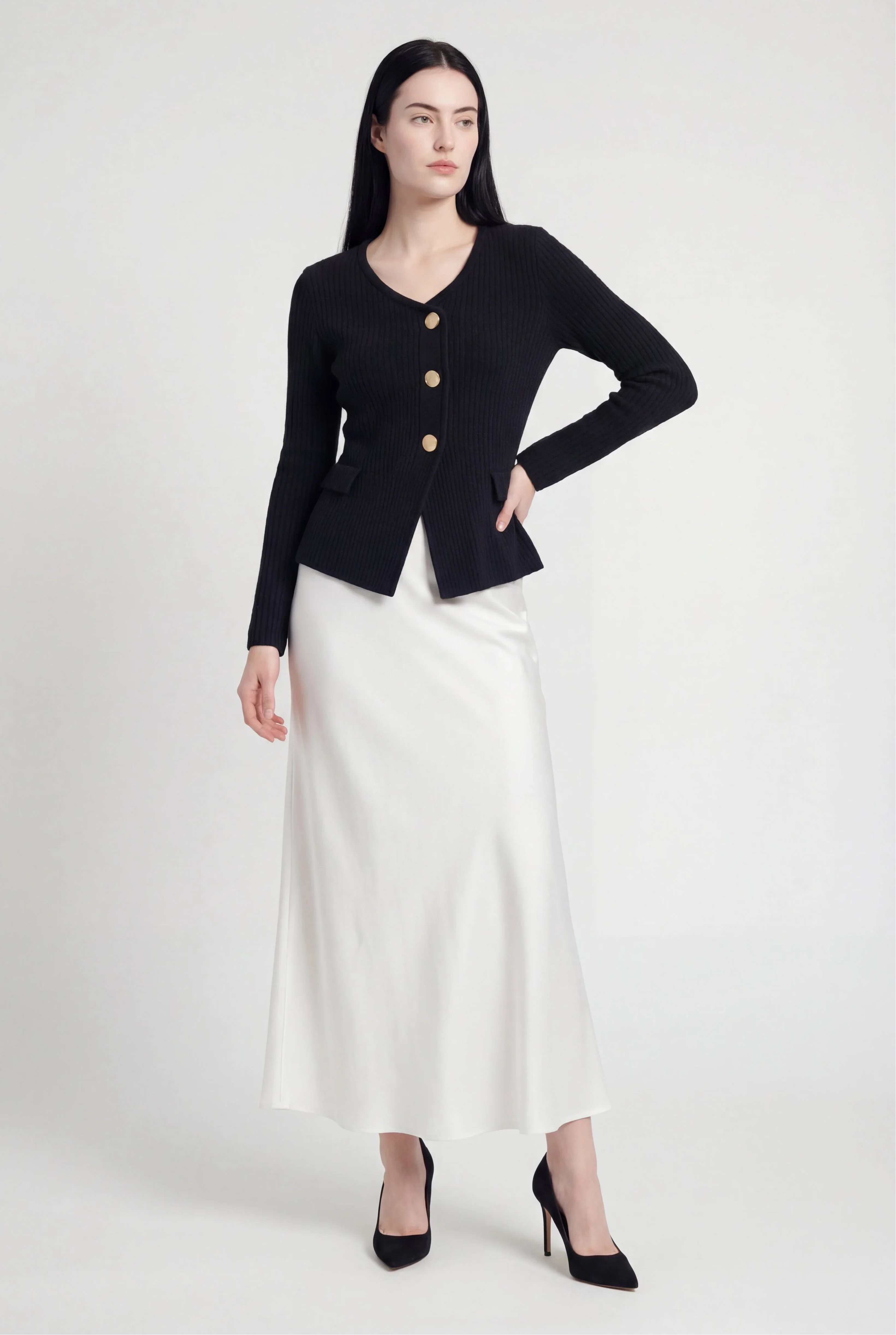 Rib Knit Cardigan with Peplum Hem