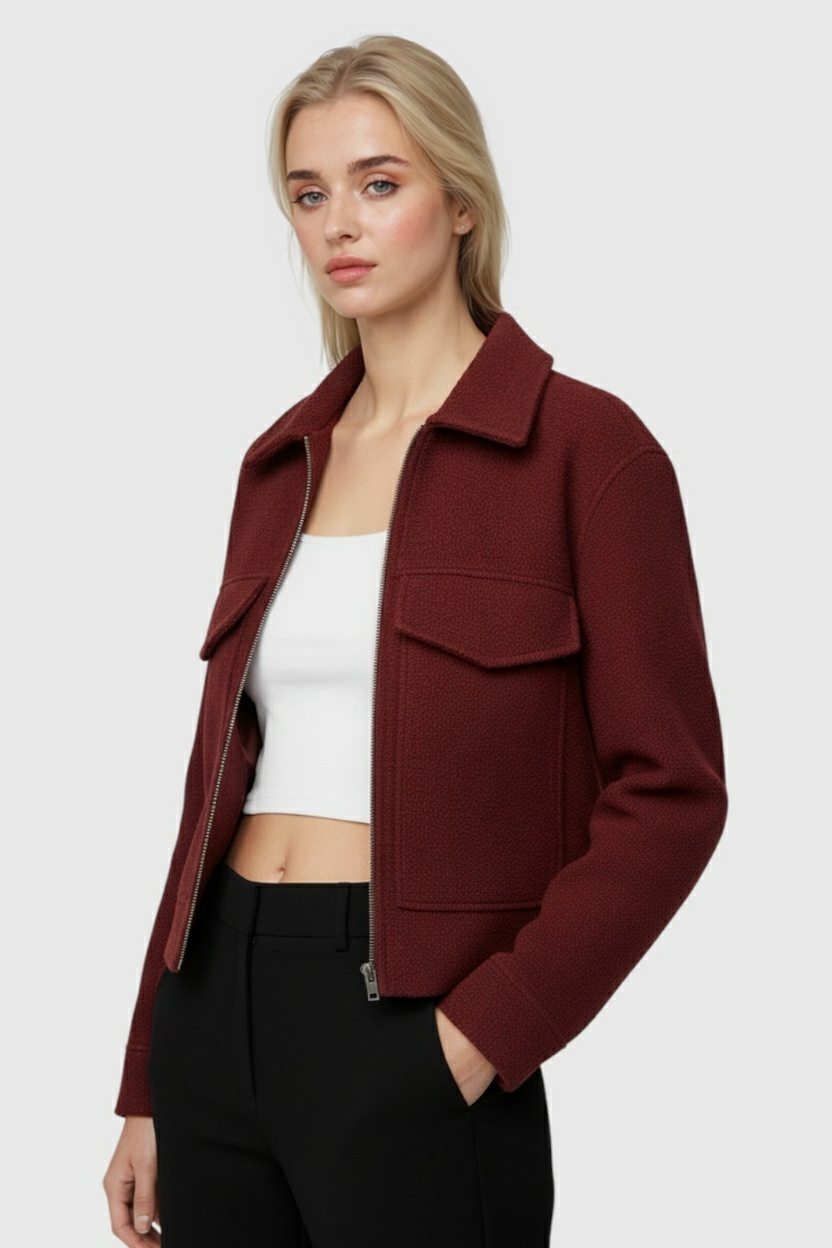 Cropped Textured Zip Jacket, Flap Pockets