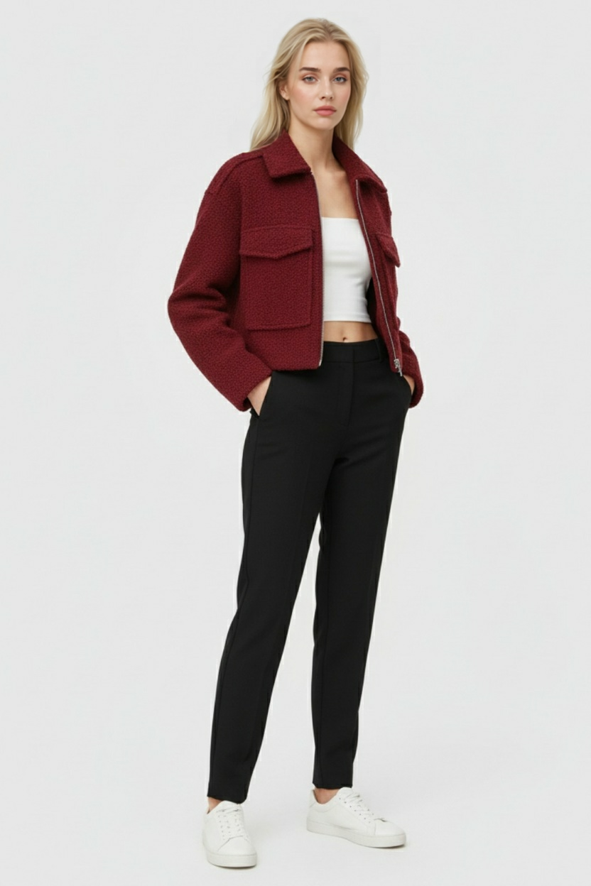 Cropped Textured Zip Jacket, Flap Pockets