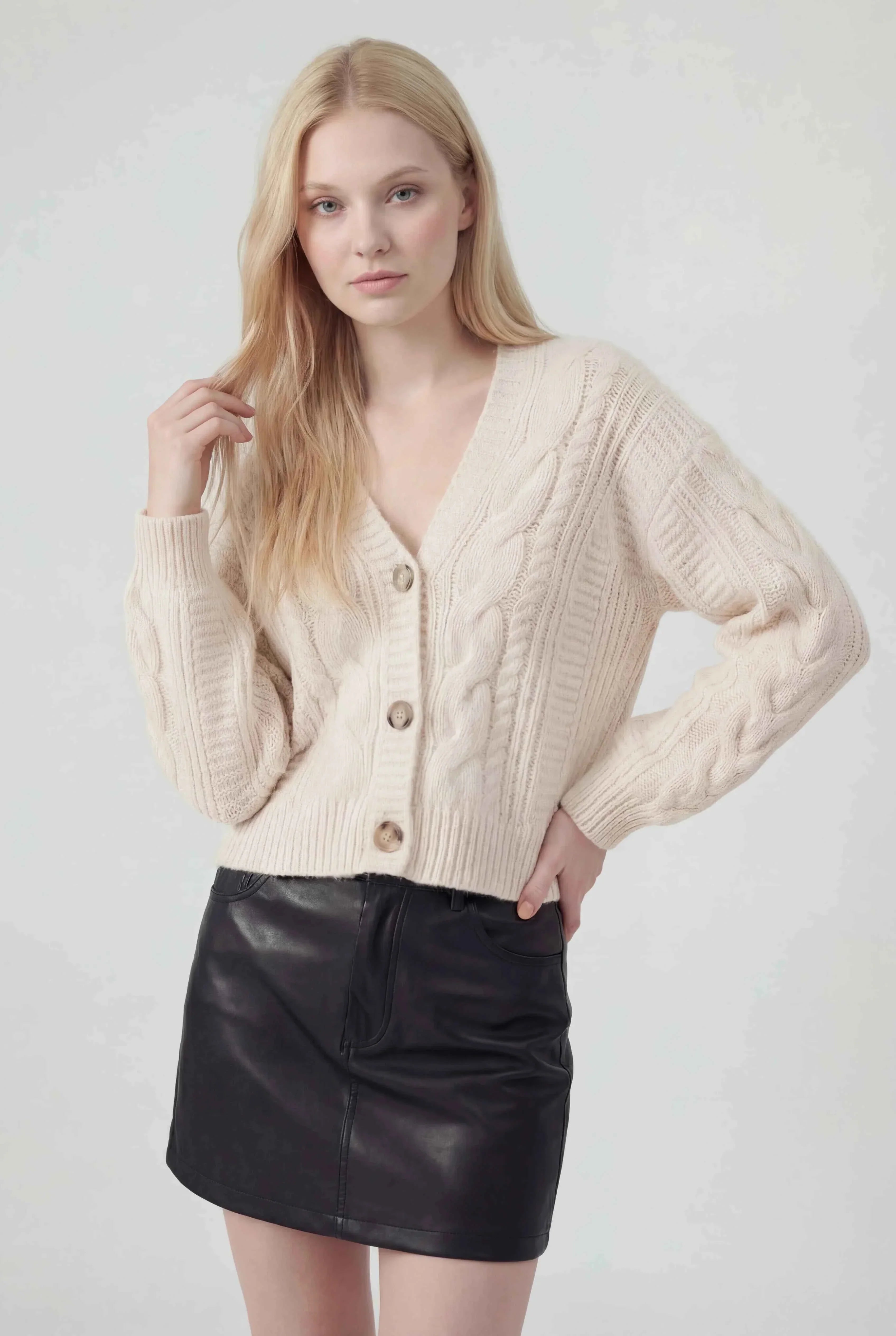 Cardigan with Cable Knit Texture, V-Neck
