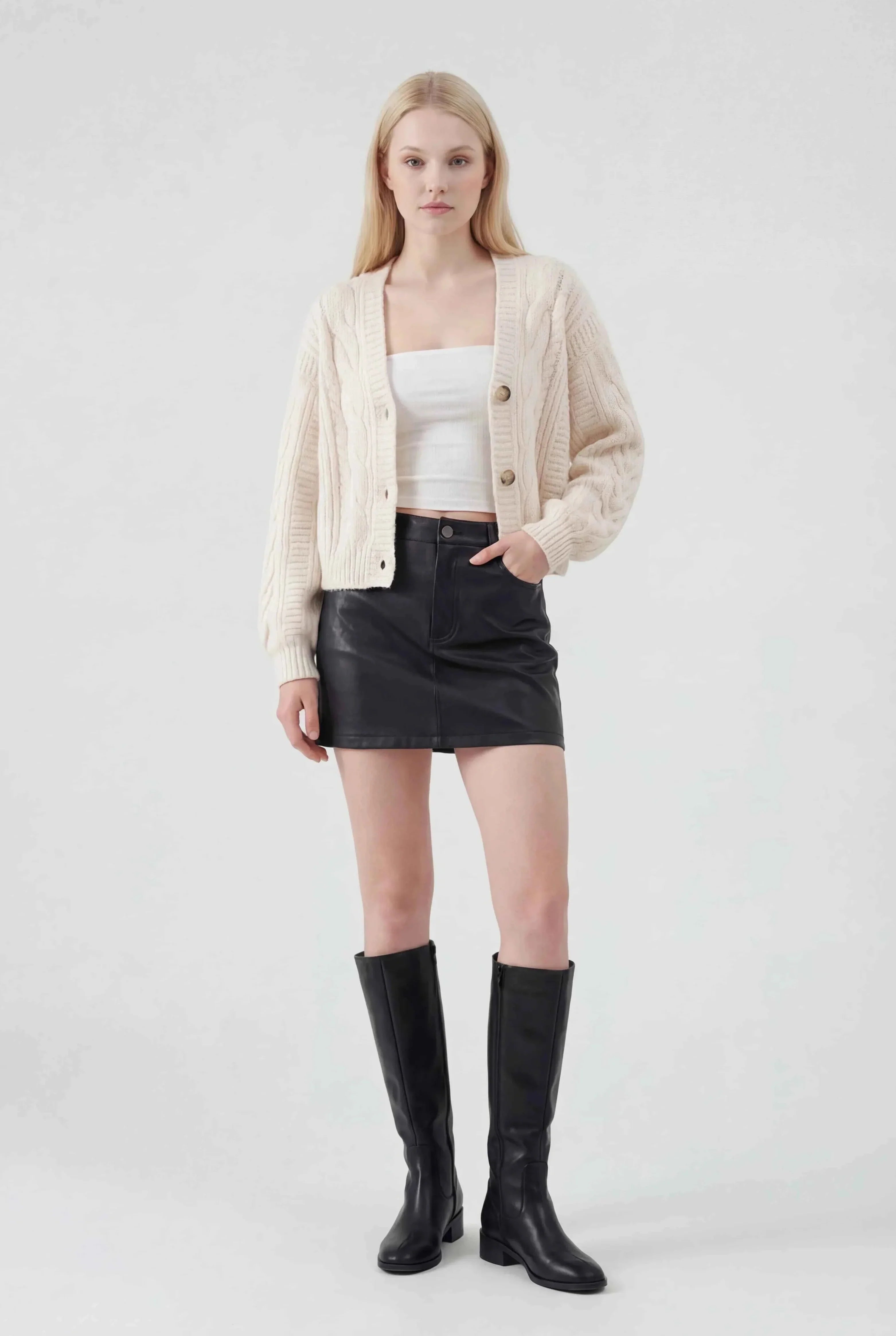 Cardigan with Cable Knit Texture, V-Neck