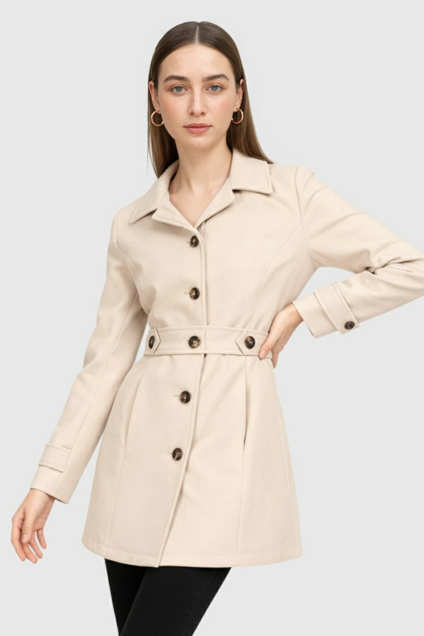 Mid-Length Coat with Belt & Collar