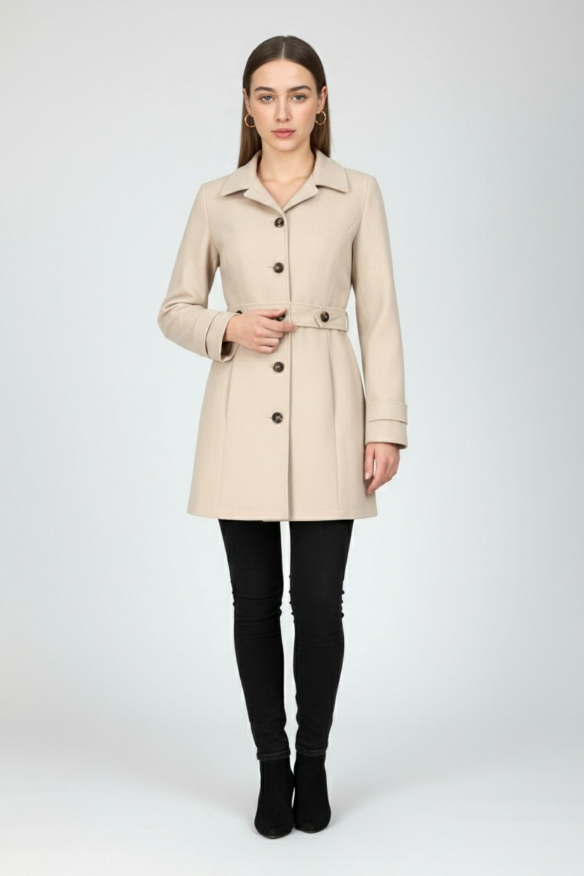 Mid-Length Coat with Belt & Collar