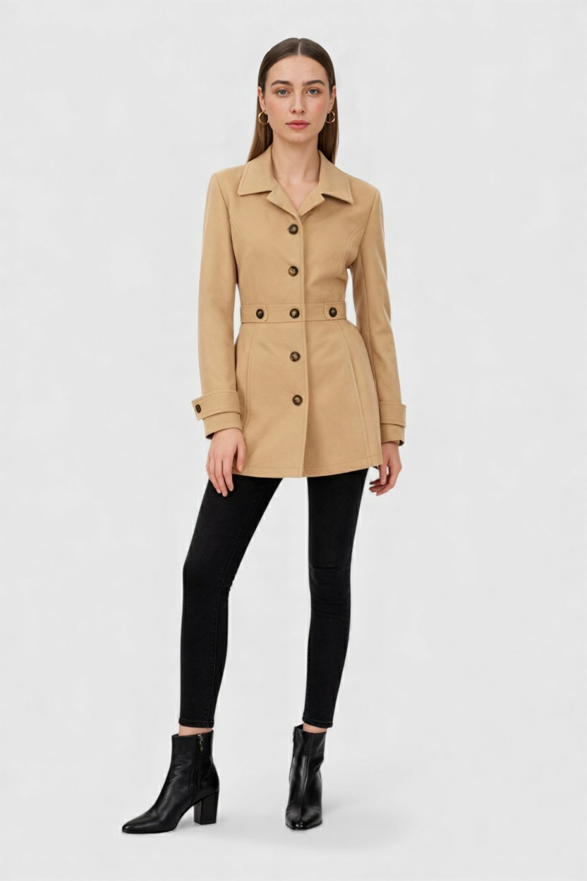 Mid-Length Coat | Defined Waist, Button Front