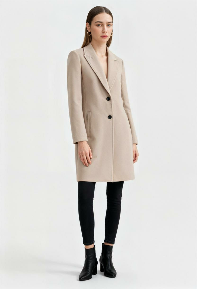 Long Coat with Notched Lapel, Slim Fit