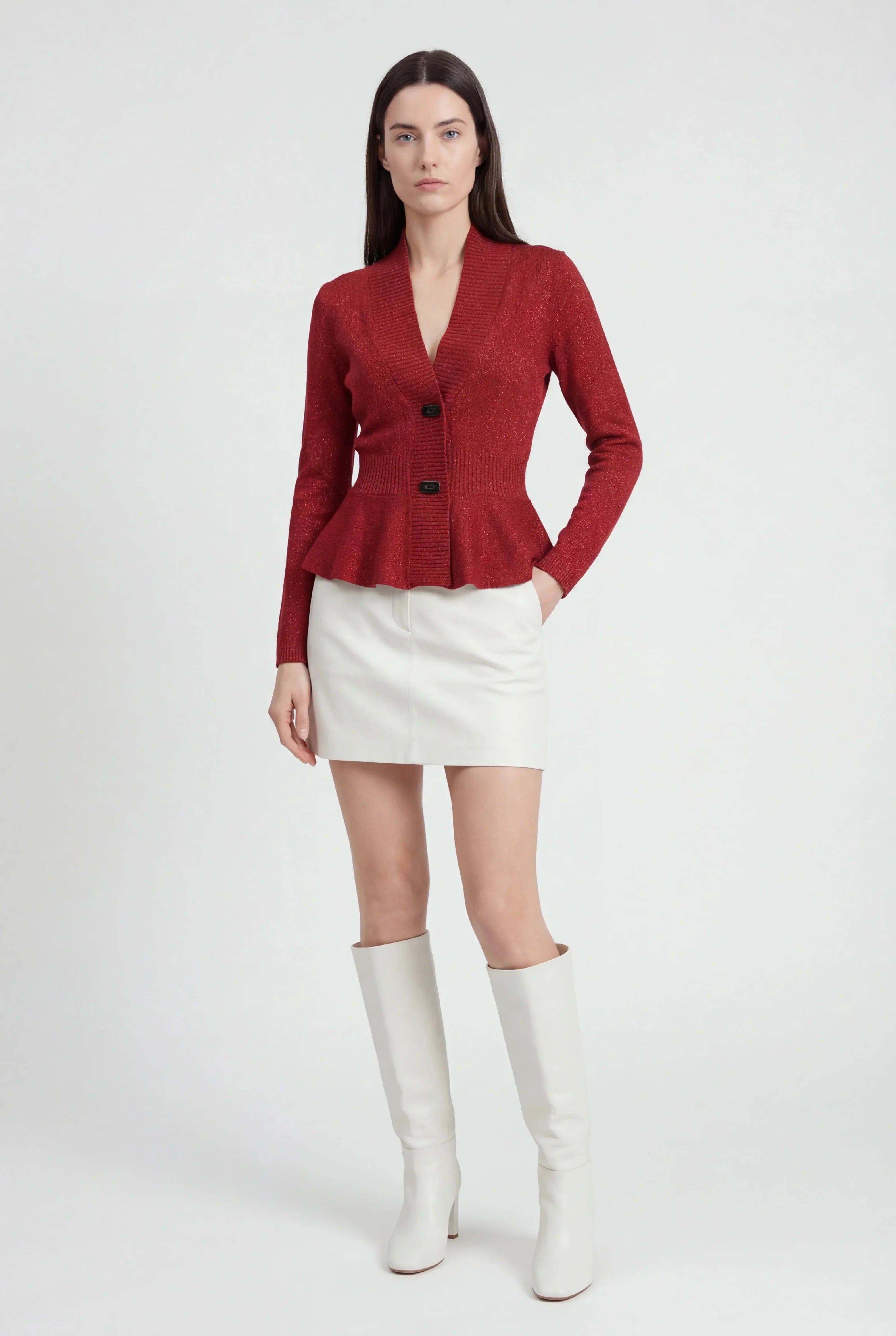 Knit Cardigan with Shawl Collar & Peplum Hem