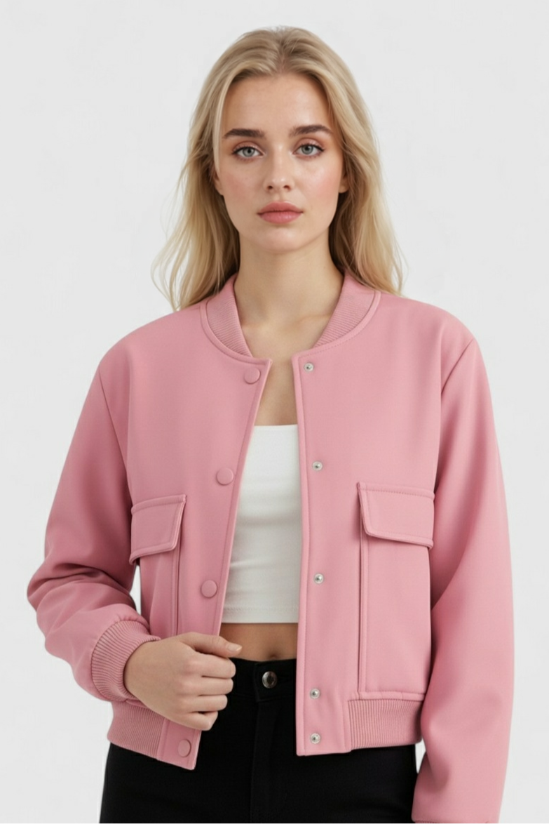 Cropped Bomber Jacket with Front Pockets