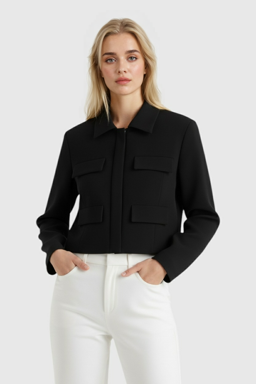 Cropped Jacket | Turn-Down Collar, Flap Pockets