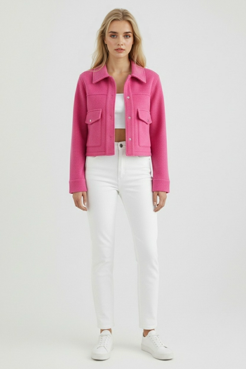 Cropped Jacket, Square Collar, Pockets