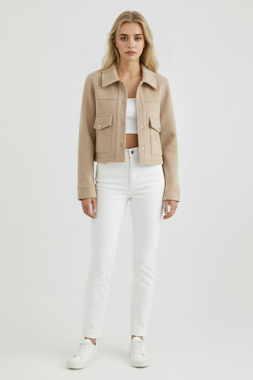 Cropped Jacket | Square Collar, Pockets
