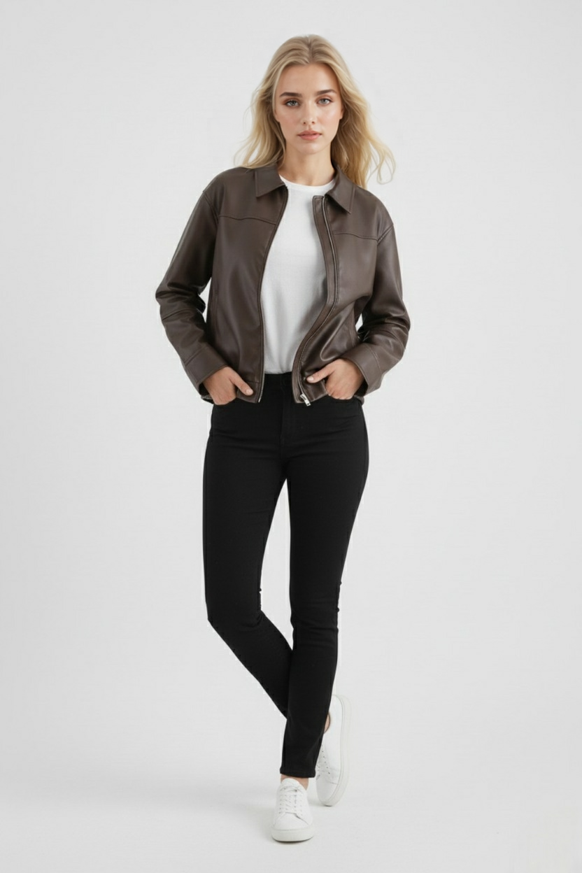 Pilot Jacket Faux Leather Zip Front