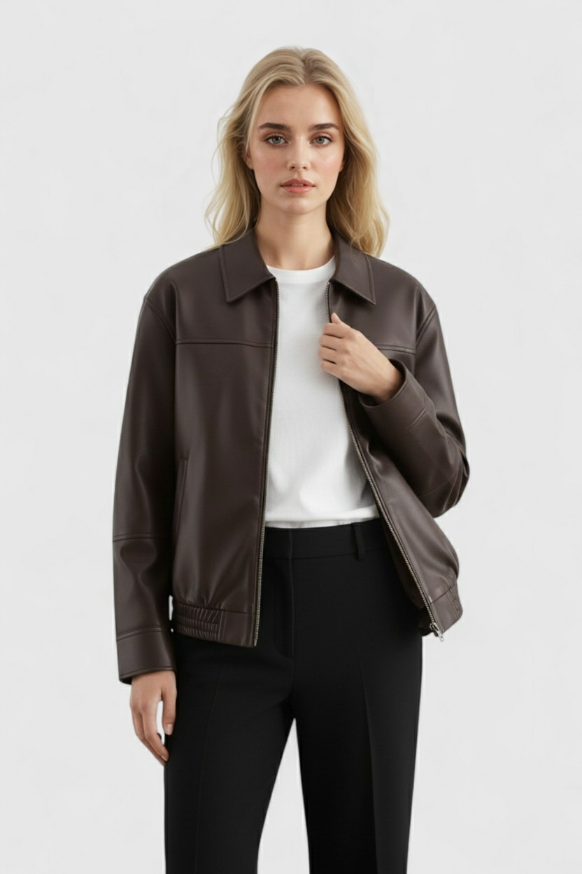 Pilot Jacket Faux Leather Zip Front