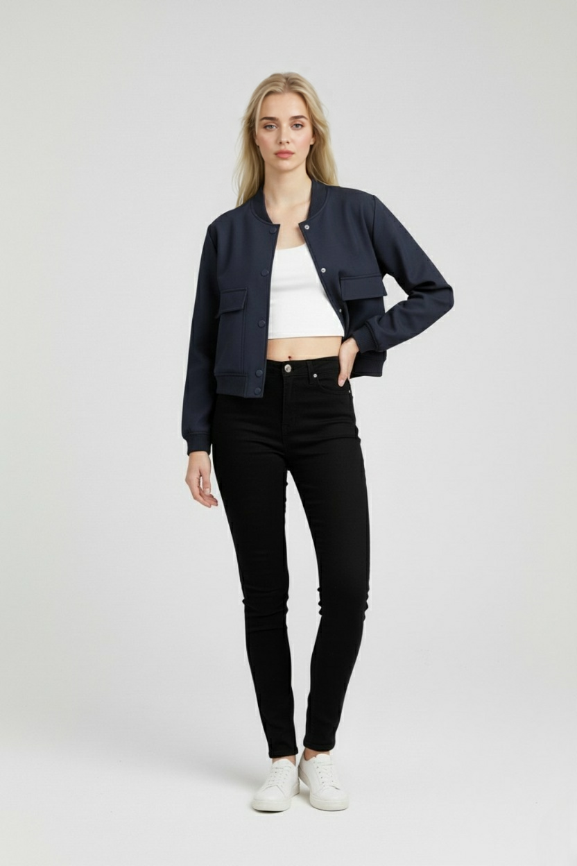 Bomber Jacket with Ribbed O-Neck