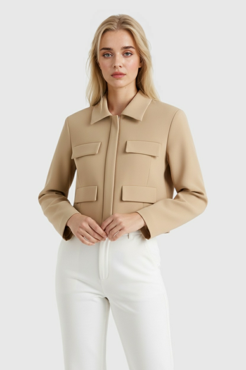 Cropped Jacket | Flap Pockets, Turn-Down Collar