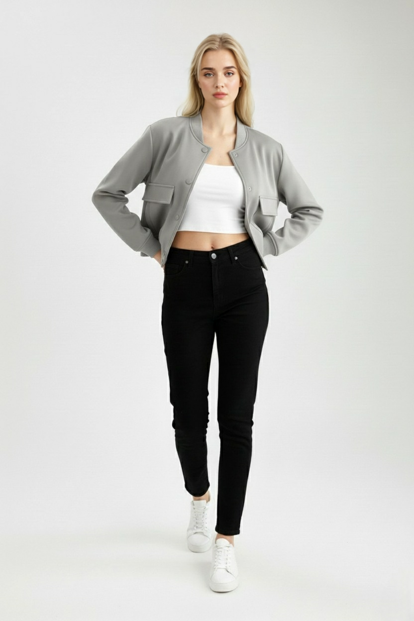 Bomber Jacket with Ribbed O-Neck