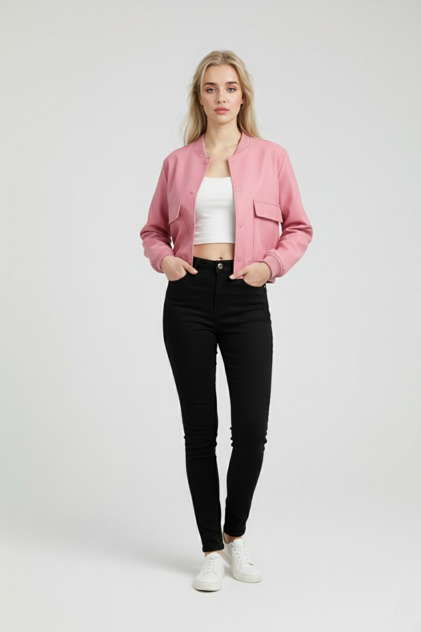 Cropped Bomber Jacket with Front Pockets
