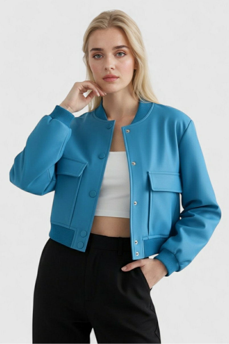Bomber Jacket with Ribbed O-Neck