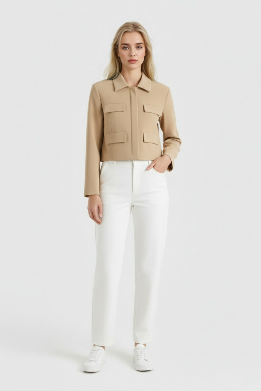 Cropped Jacket | Flap Pockets, Turn-Down Collar