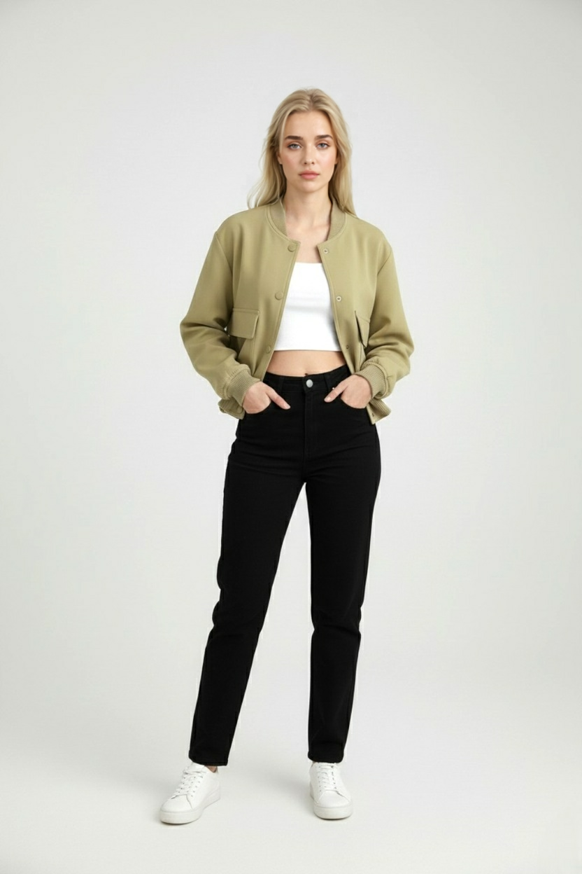 Cropped Bomber Jacket with Pockets