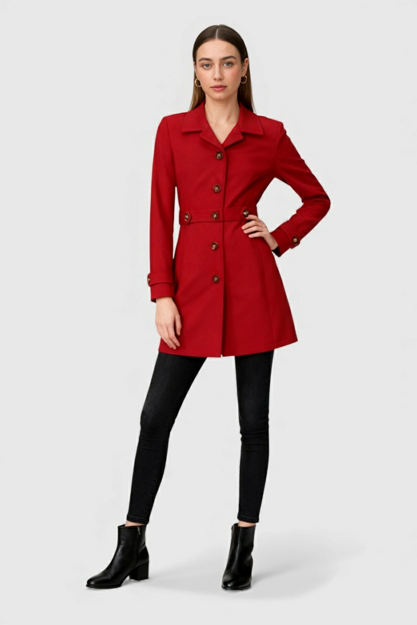 Mid-Length Coat | Defined Waist, Button Detail