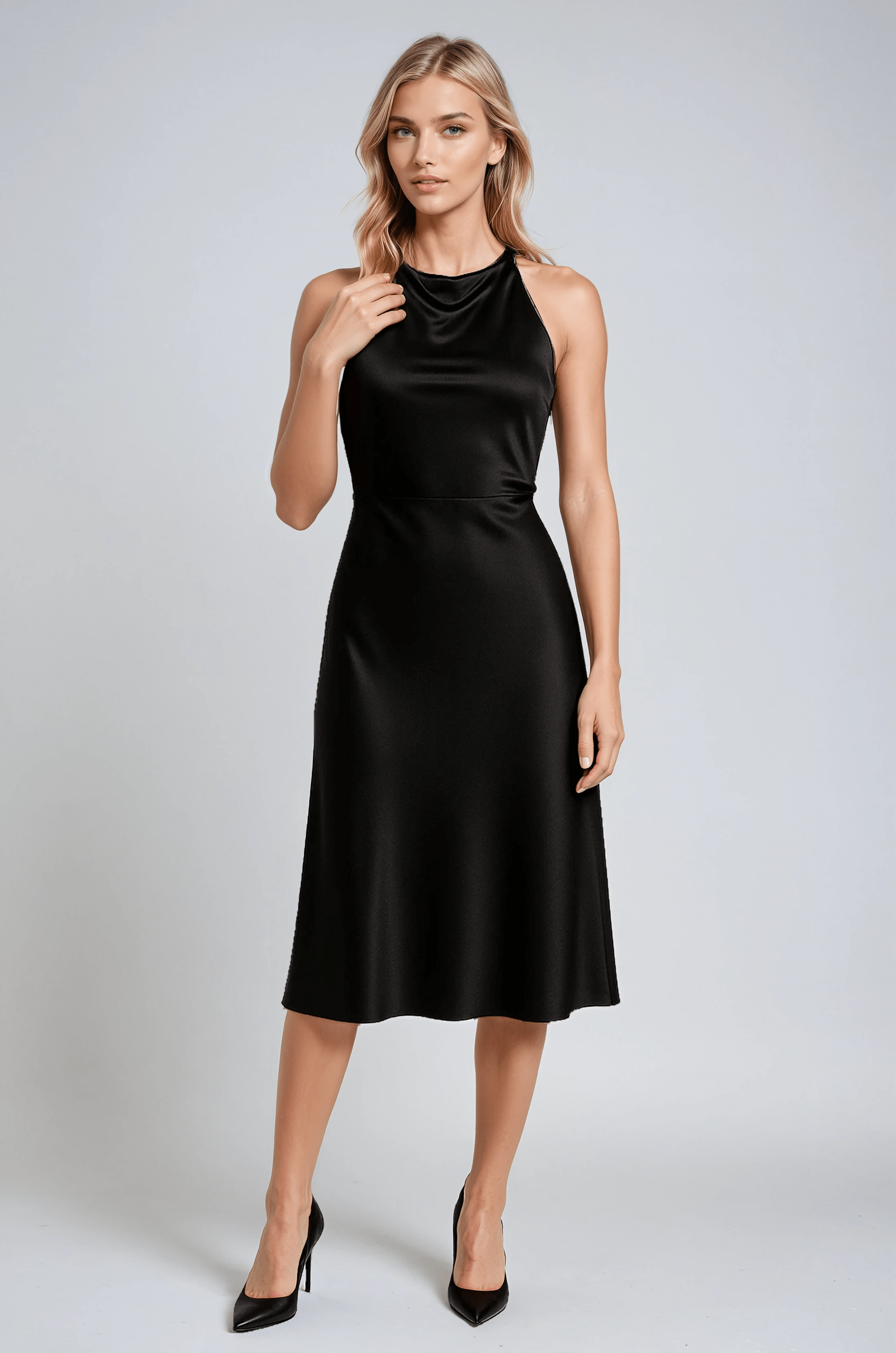 Satin Midi Dress with Draped Neckline