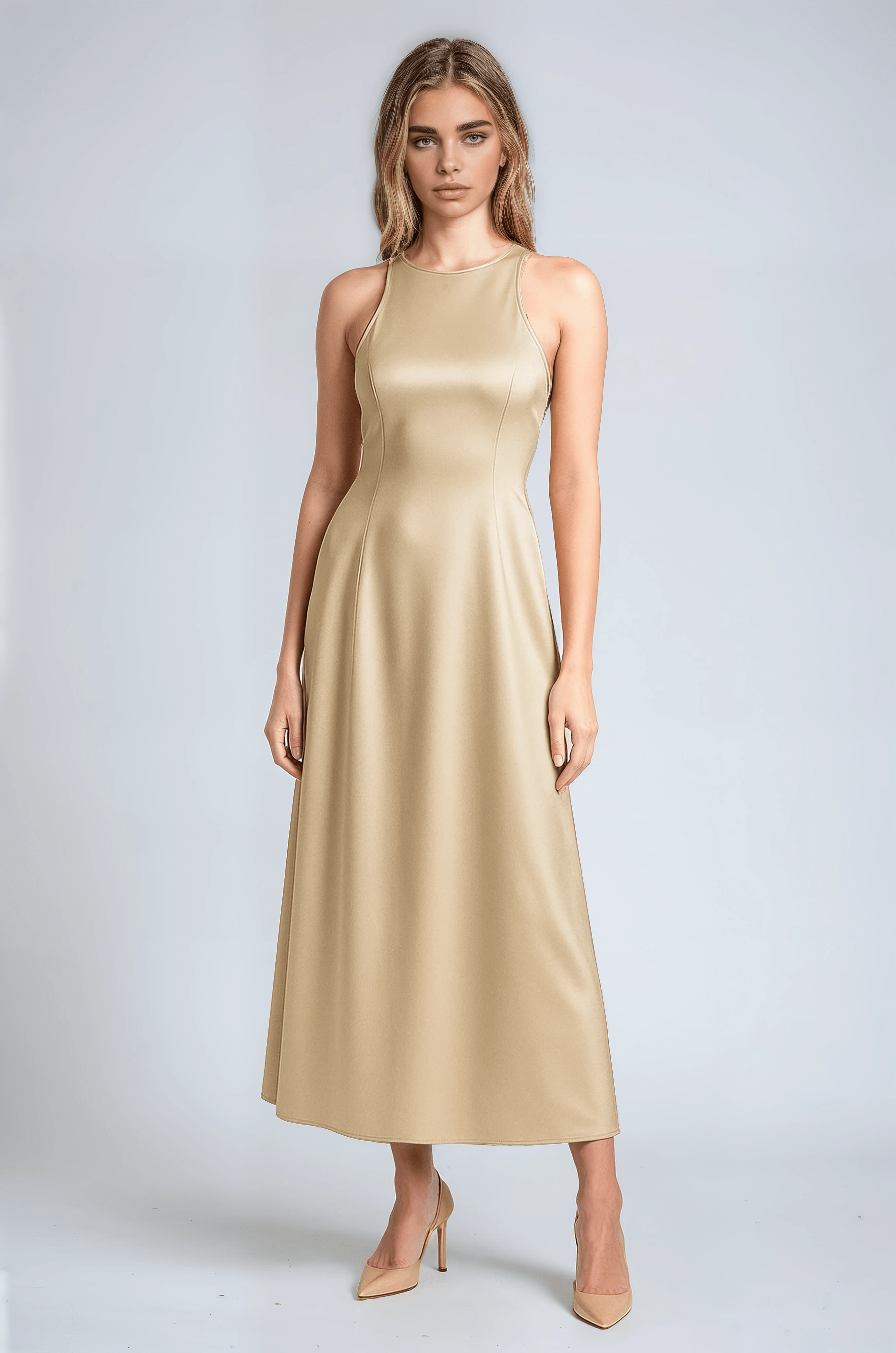 Satin Midi Dress, Draped Neckline
