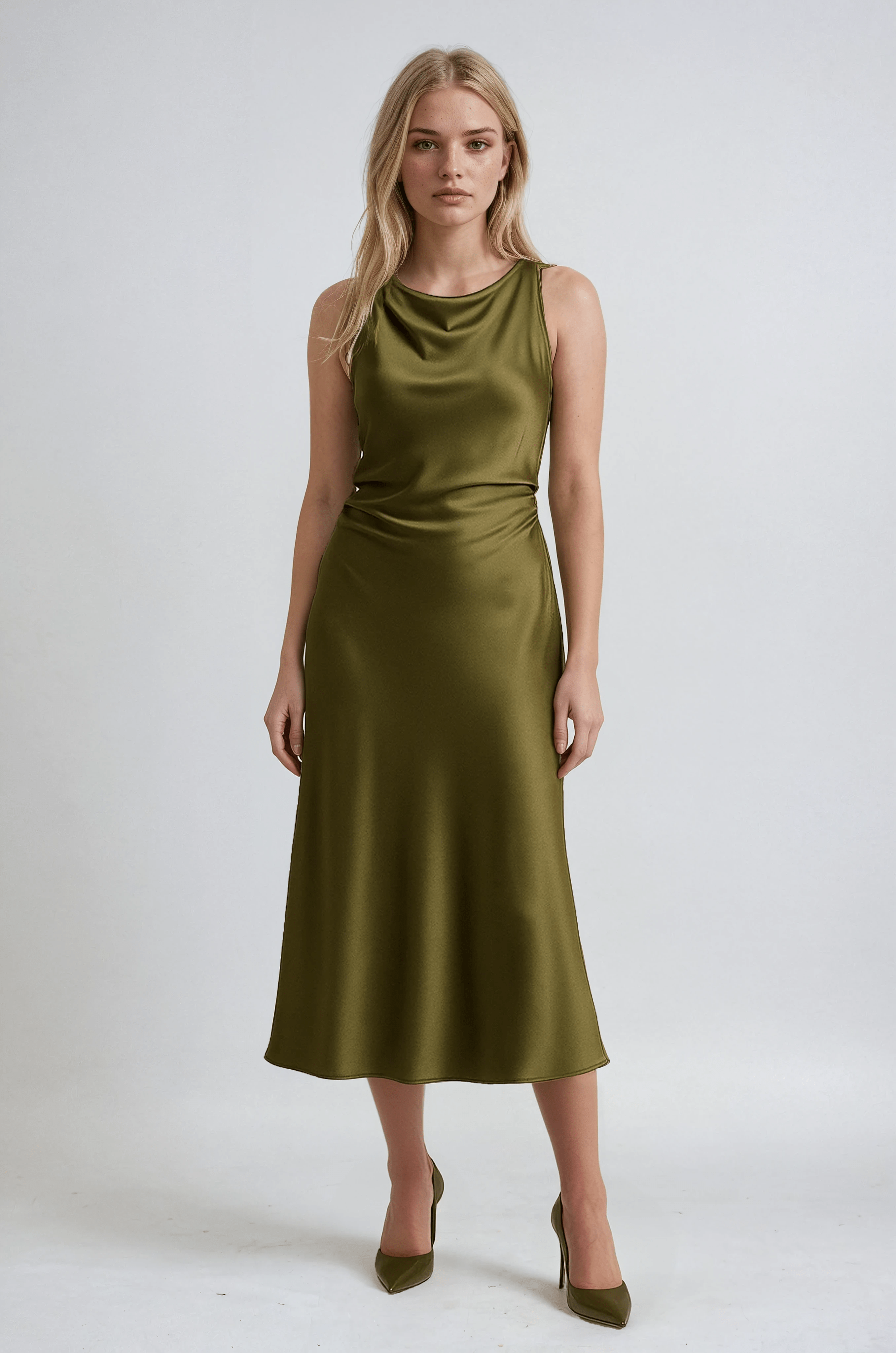 Satin Midi Dress with Draped Neckline