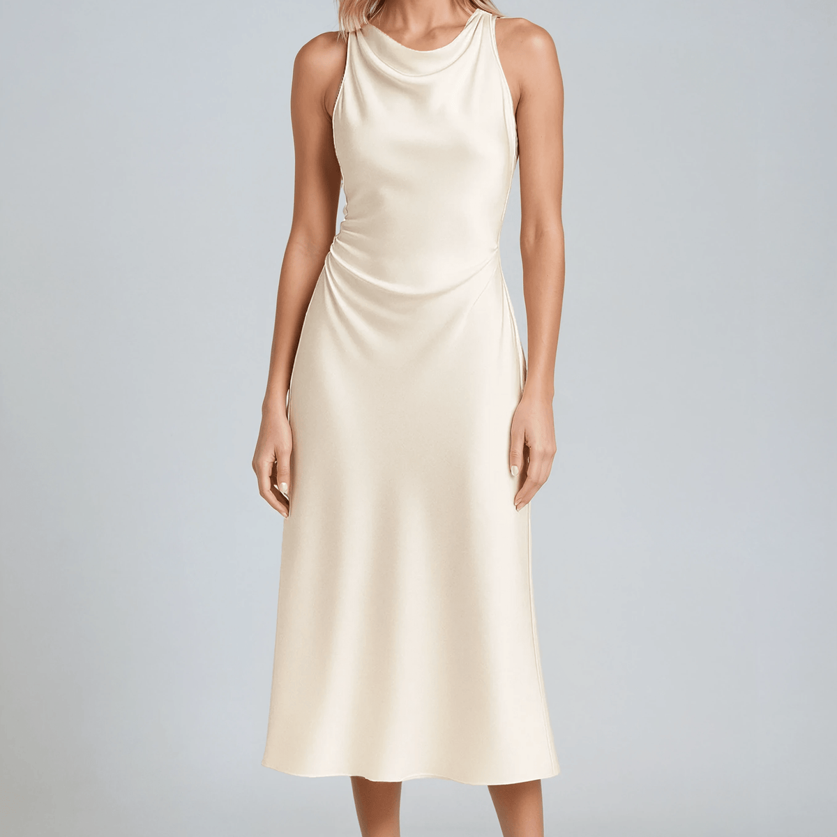 vintage inspired satin midi dress with draped collar Vintage-Inspired Ellis Ford Do not bleach 3 Luxury Satin Draped Midi Dress