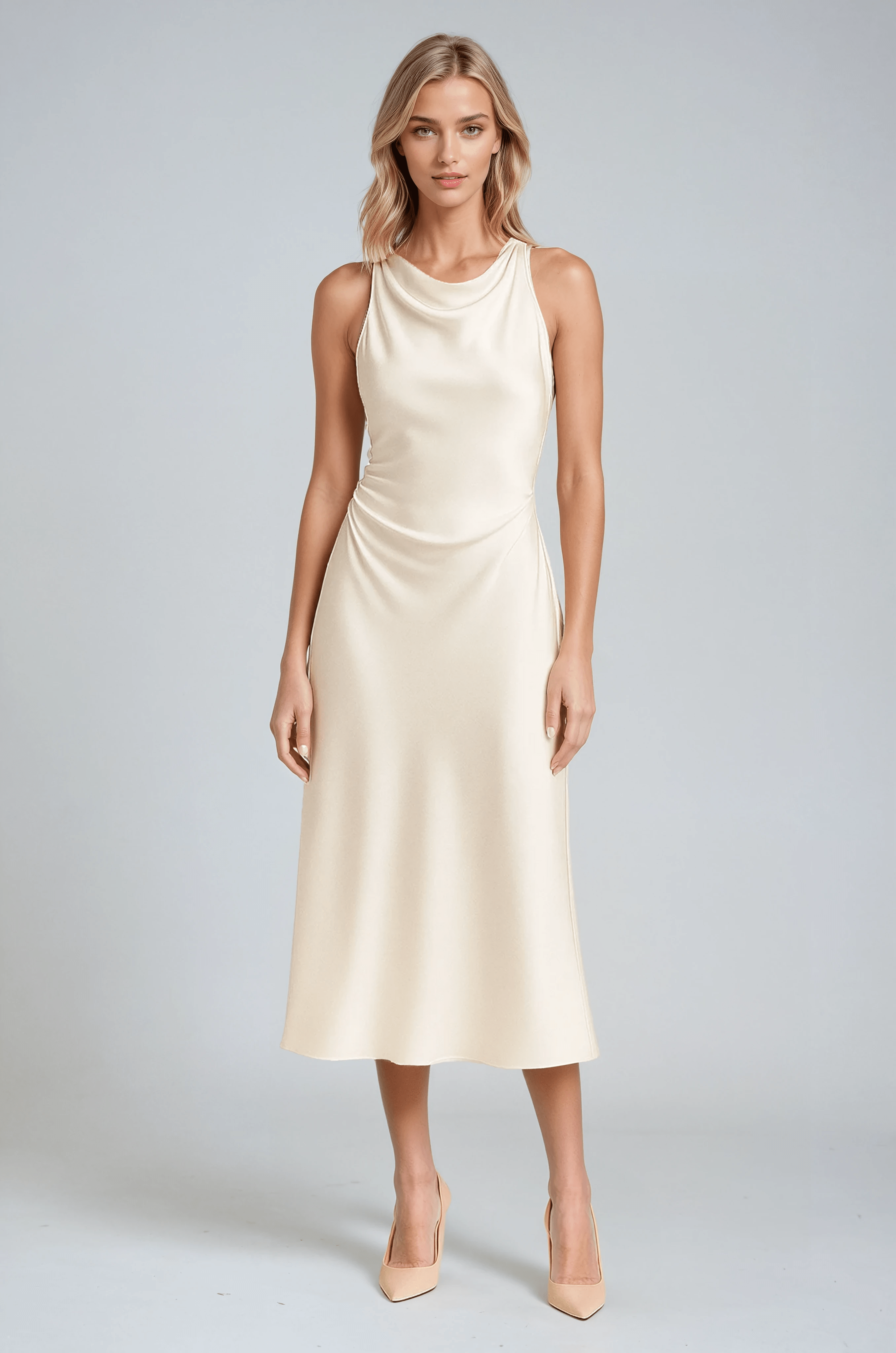 Satin Midi Dress with Draped Neck