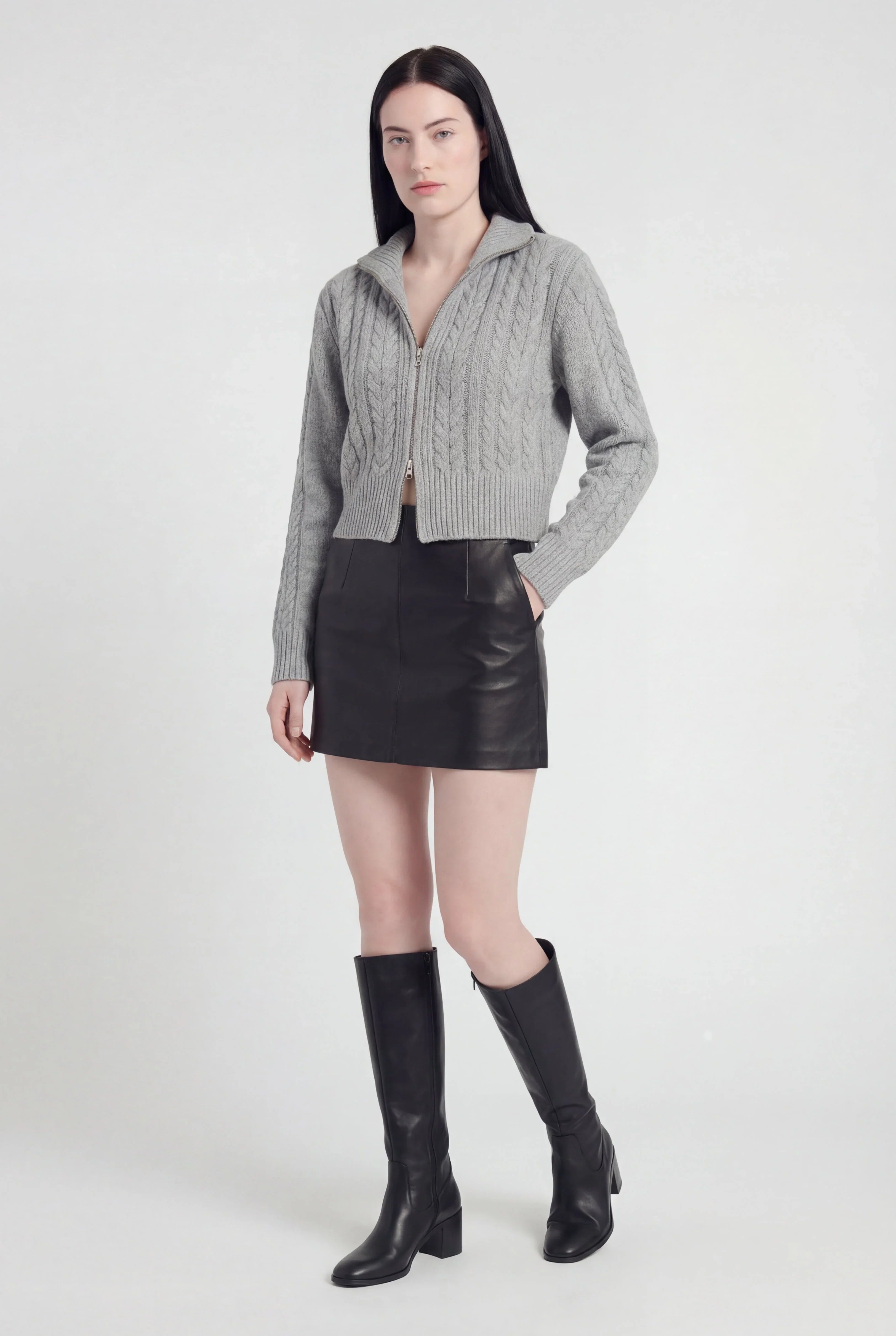 Cable Knit Cardigan, High Collar, Cropped