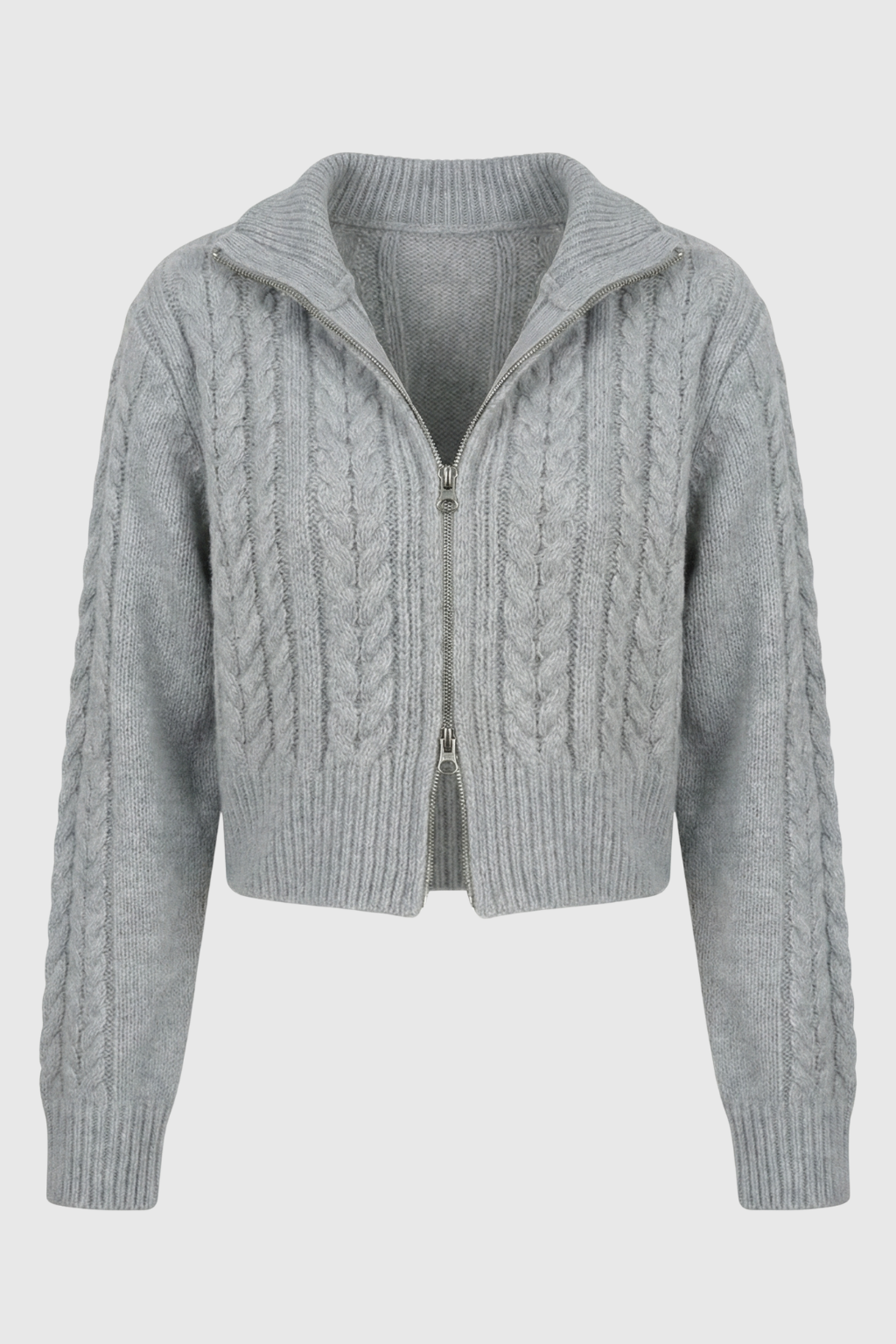 Cable Knit Cardigan, High Collar, Cropped