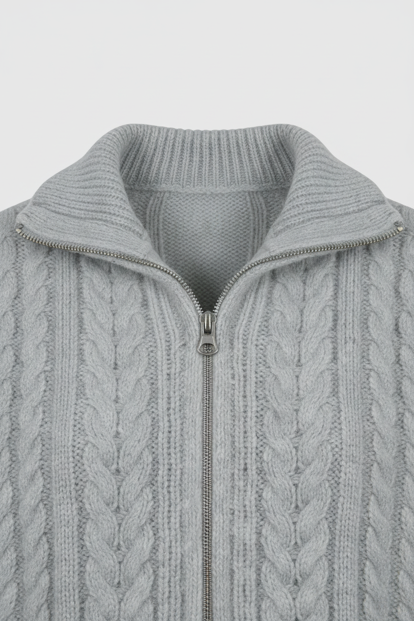 Cable Knit Cardigan, High Collar, Cropped