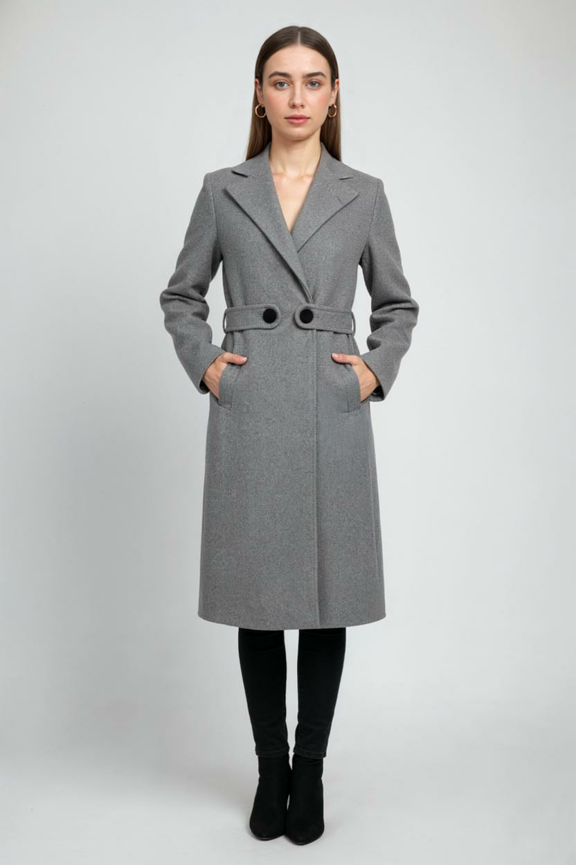 Longline Coat with Waist Tab & Notched Lapel