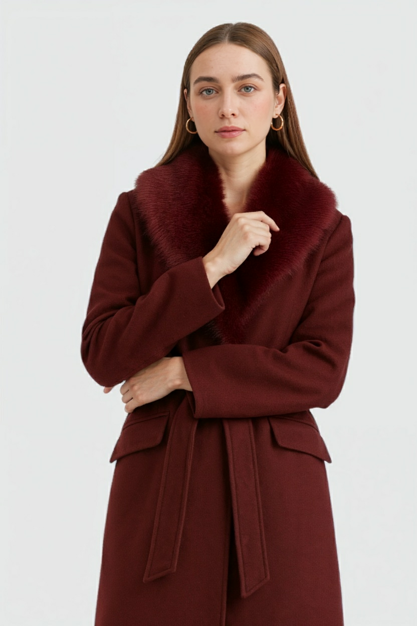 Long Coat with Faux Fur Collar & Belt