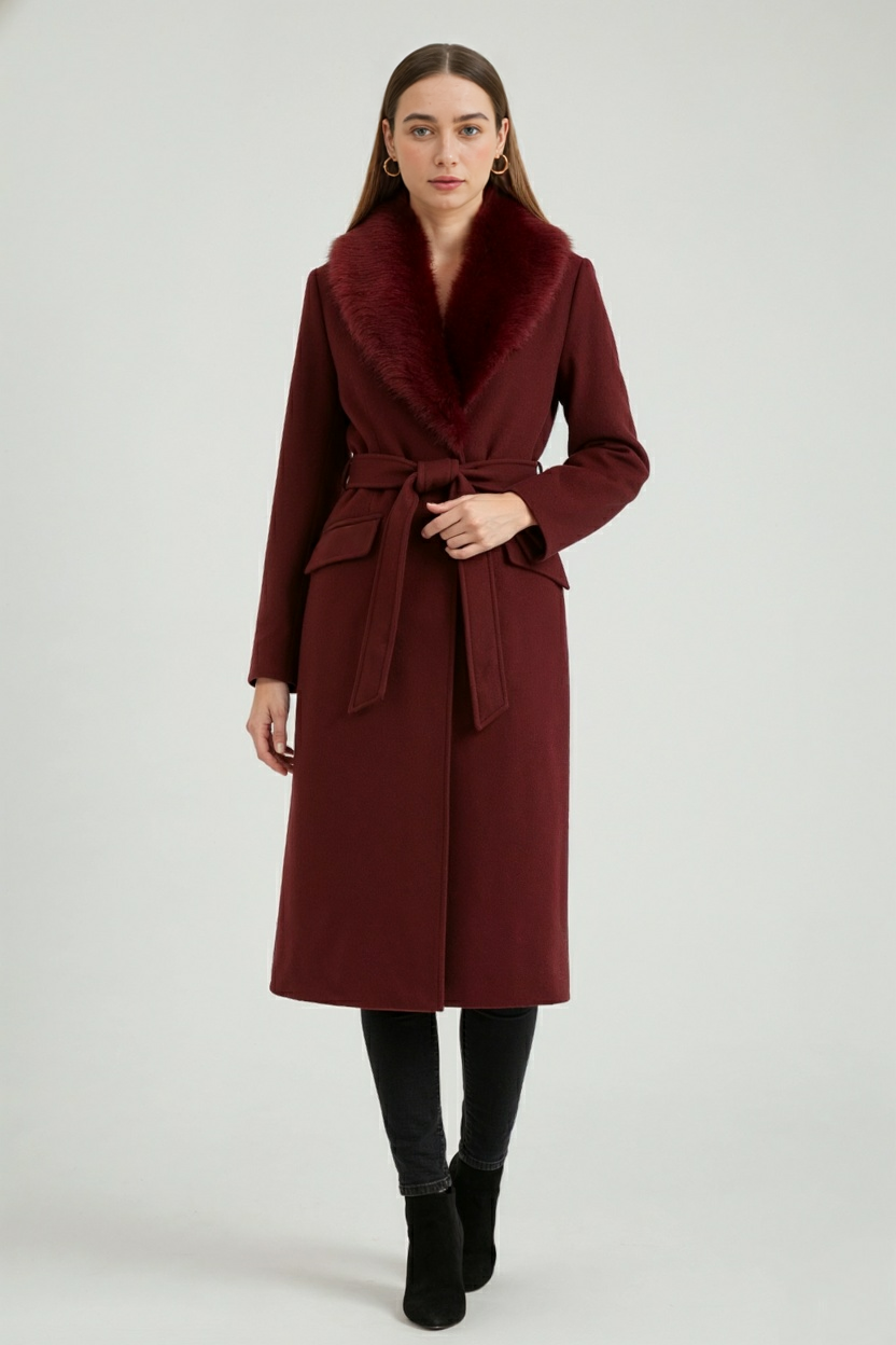 Long Coat with Faux Fur Collar & Belt