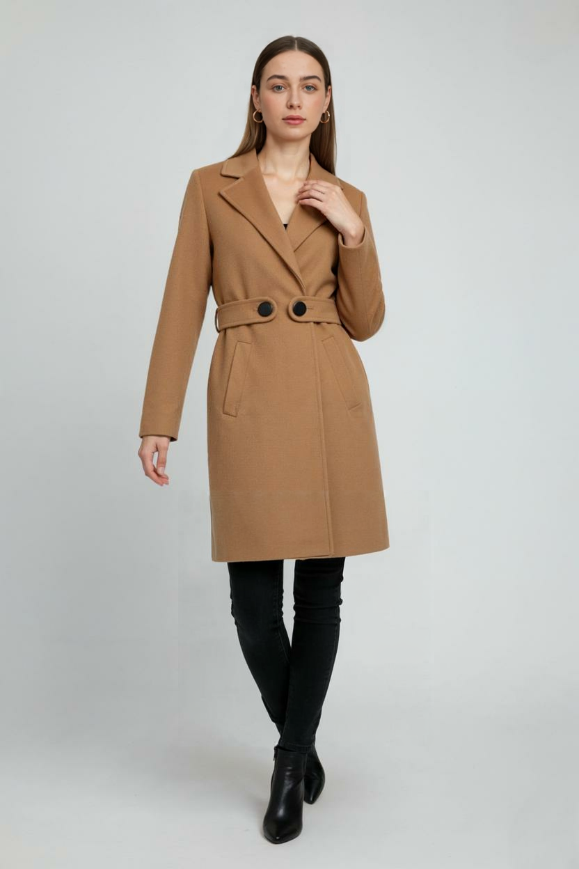 Longline Coat with Waist Tab & Lapel