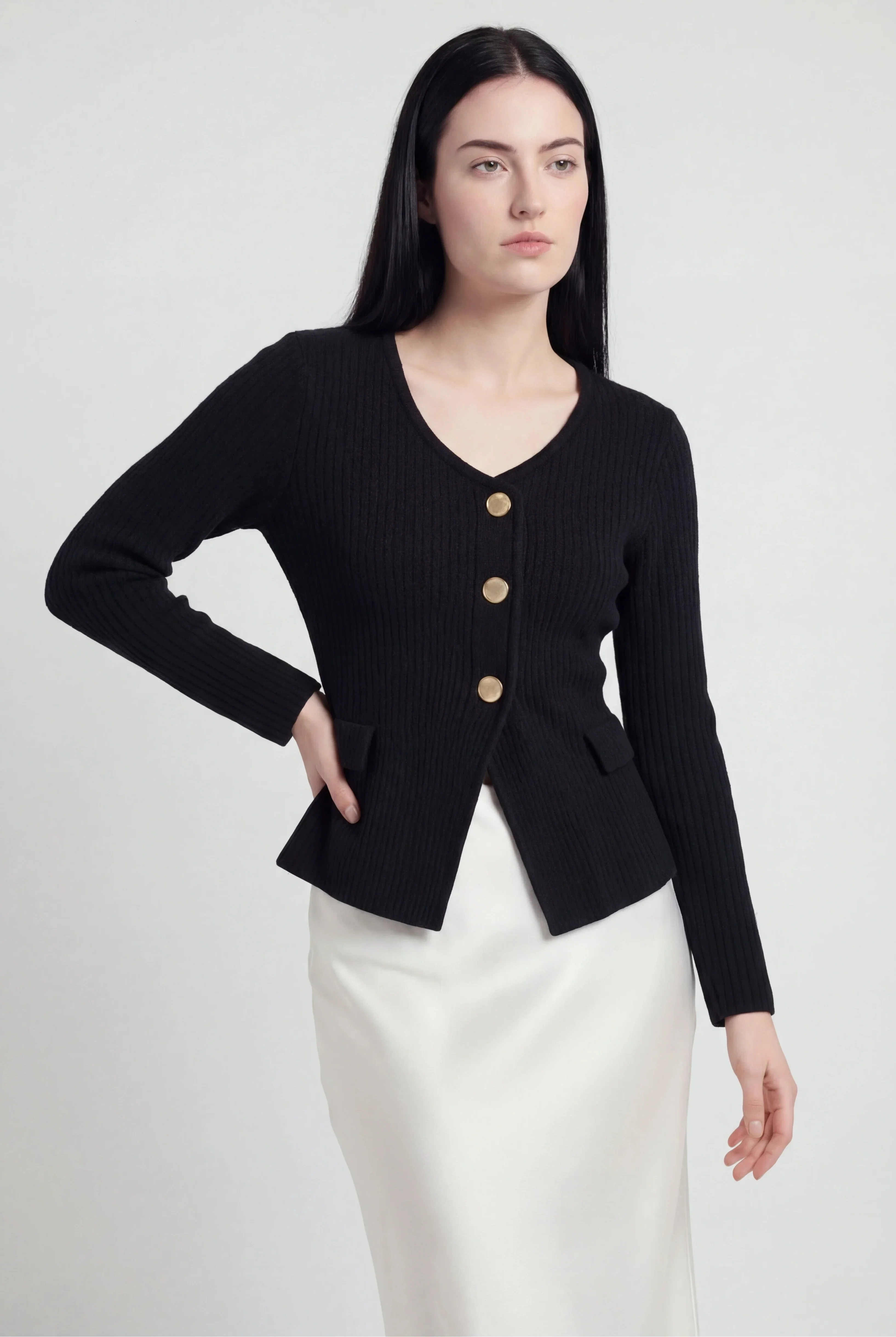 Rib Knit Cardigan with Peplum Hem