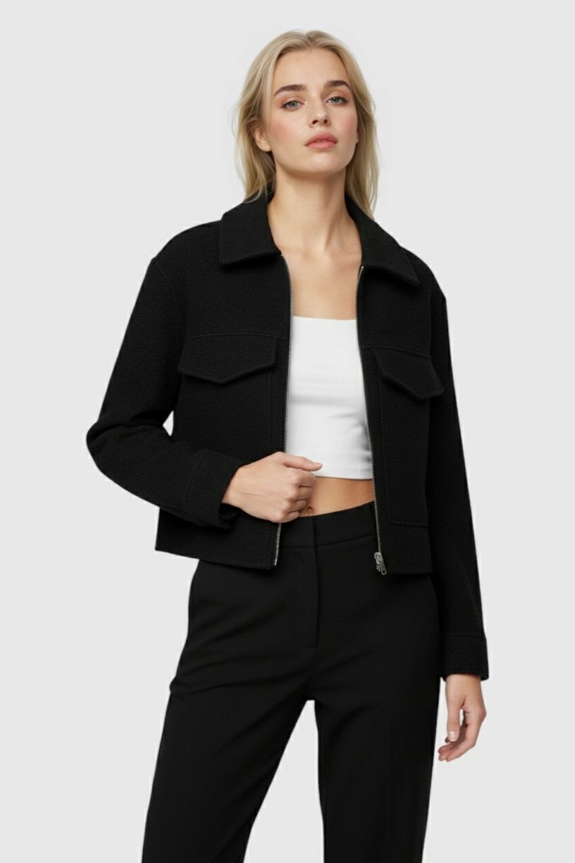 Cropped Zip Jacket | Textured, Pocket Detail